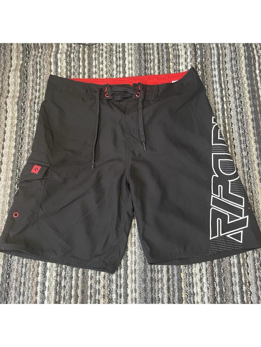 Y2K Rip Curl Shock Ziss 21 Board Shorts Red Black Spell Out Size 32